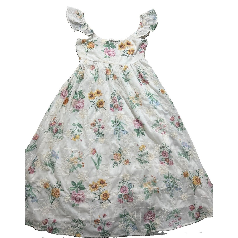 By The River Women's L Floral Embroidered Midi Dress Cream Cottagecore Smocked